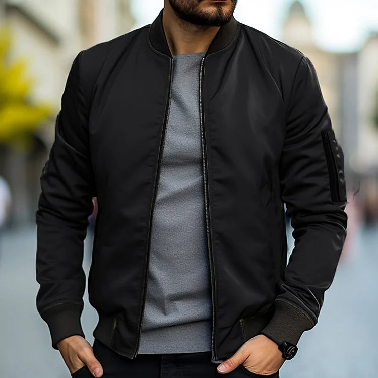 Men's Bomber Jacket - Ribbed Trim and Zippered Sleeve Pocket