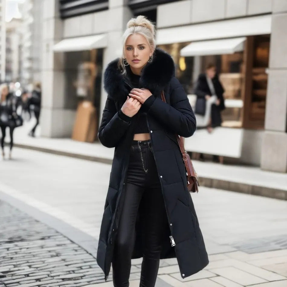 Women's Long Winter Parka - Fluffy Trim Hooded Design