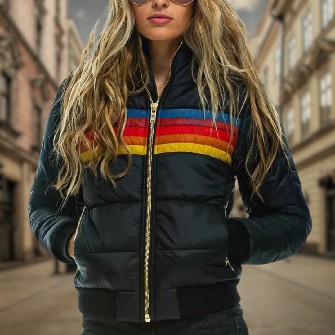 Women's Puffer Jacket - Zip Up with Striped Chest Detail