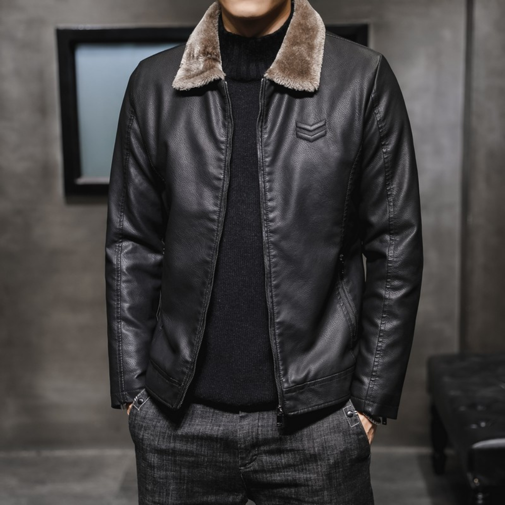 Romnick - Warm Vegan Leather Flight Jacket with Fleece Fur Collar for Men