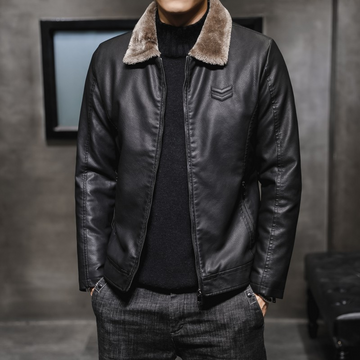 Romnick - Warm Vegan Leather Flight Jacket with Fleece Fur Collar for Men
