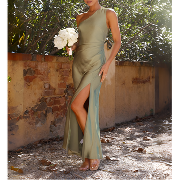 Women's Green One-Shoulder Maxi Dress - Elegant Wedding Guest Gala