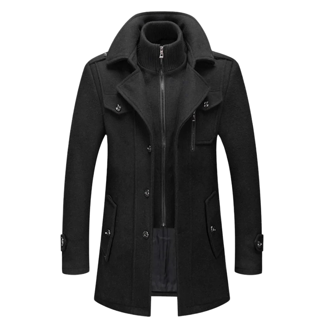 Men’s Black Coat – High Neck and Front Button Closure