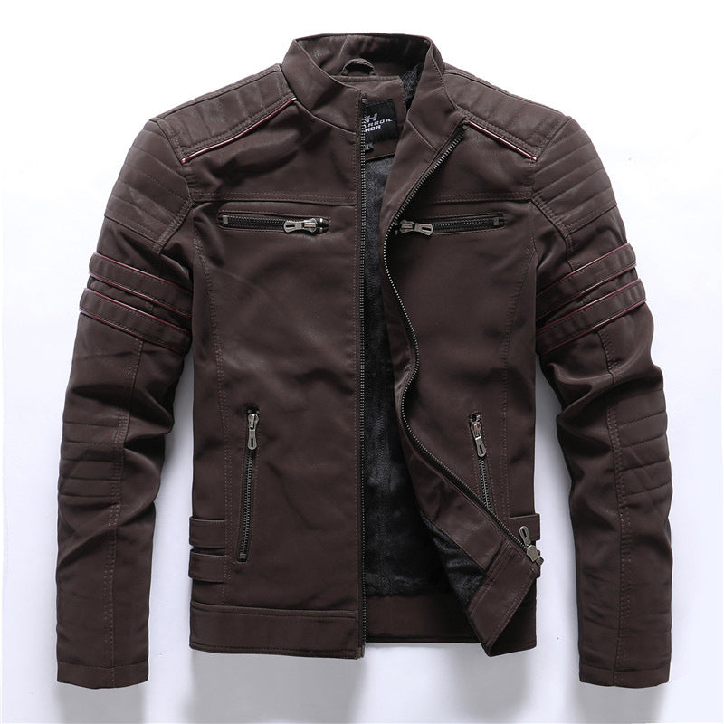 Men's Biker Jacket - Stand Collar with Red Stripe Detail