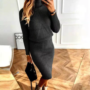 Women's Knitted Jumper Dress - Roll neck with Chevron Pattern