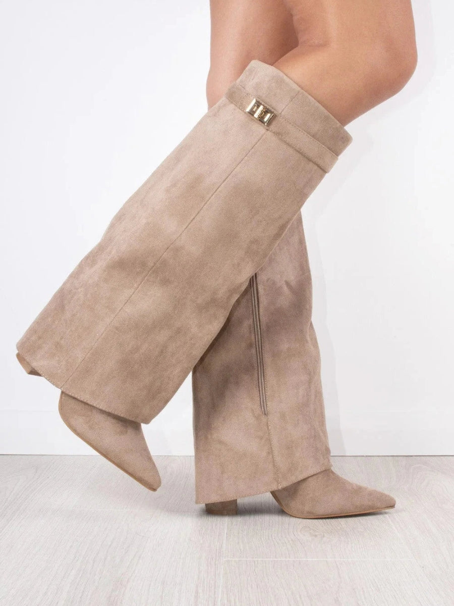 Women's Fold-Over Knee High Boots - Wide Leg with Block Heel and Pointed Toe
