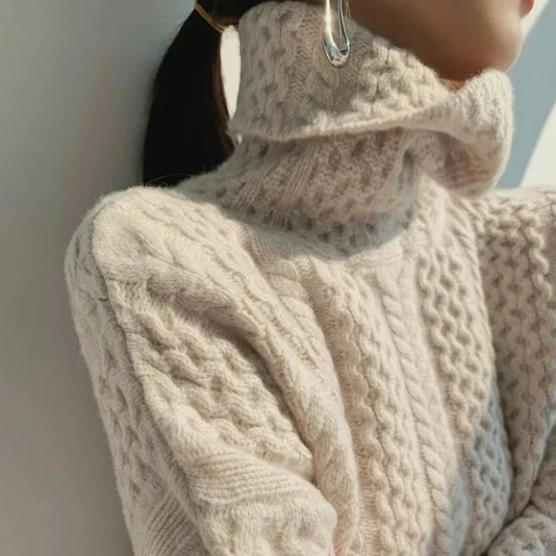 Women's Winter Jumper - Roll Neck and Cable Knit Pattern