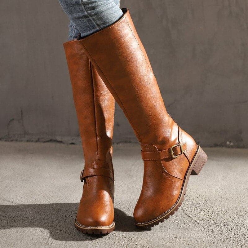 Women's Knee-High Boots - Side Zip and Low Block Heel