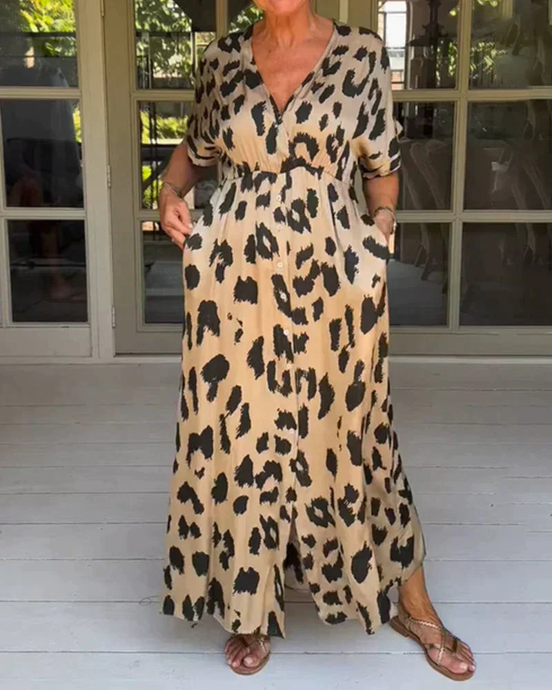 Women's Stylish Leopard Print Dress - Button Front V-Neck