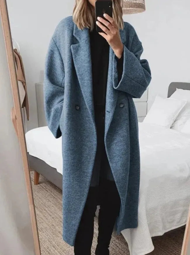 Women's Long Winter Coat - Notch Lapel Single-Button Closure