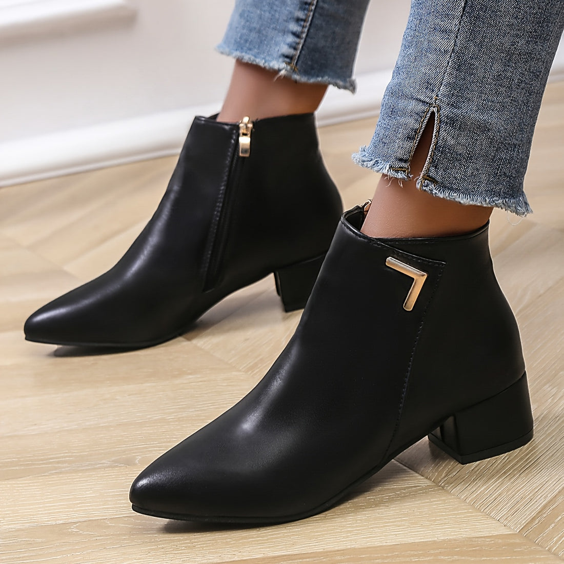 Women's Black Ankle Boots - Chunky Heel and Pointed Toe