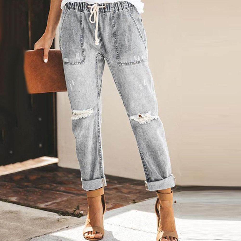 Women's Straight-Leg Jeans - Drawstring Waist & Patch Pockets