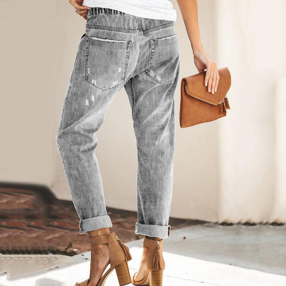Women's Straight-Leg Jeans - Drawstring Waist & Patch Pockets