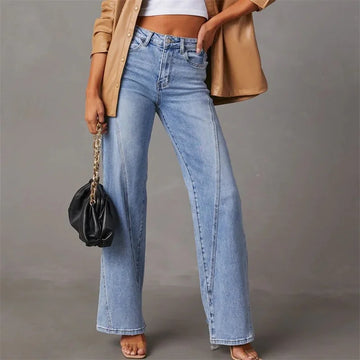 Women's Blue Flared Wide Leg Jeans - High-Rise & Front Seam Detail