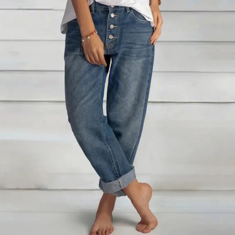 Women's Boyfriend Wide Leg Jeans - Mid-Rise & Cuffed Style