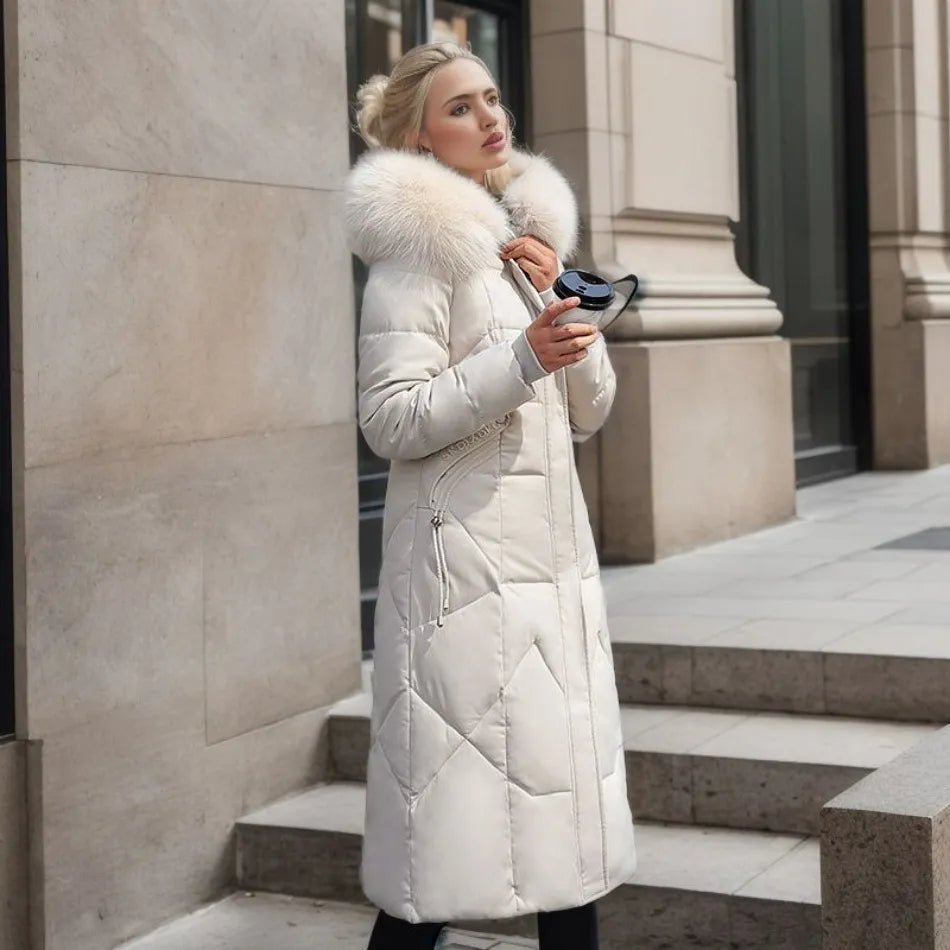 Women's Long Winter Parka - Fluffy Trim Hooded Design