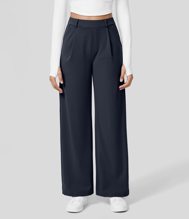 Women's Wide Leg Work Trousers - High-Waisted Fluid Style