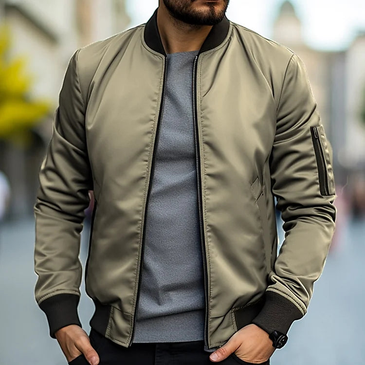 Men's Bomber Jacket - Ribbed Trim and Zippered Sleeve Pocket