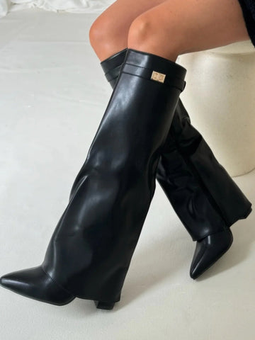 Women's Fold-Over Knee High Boots - Wide Leg with Block Heel and Pointed Toe