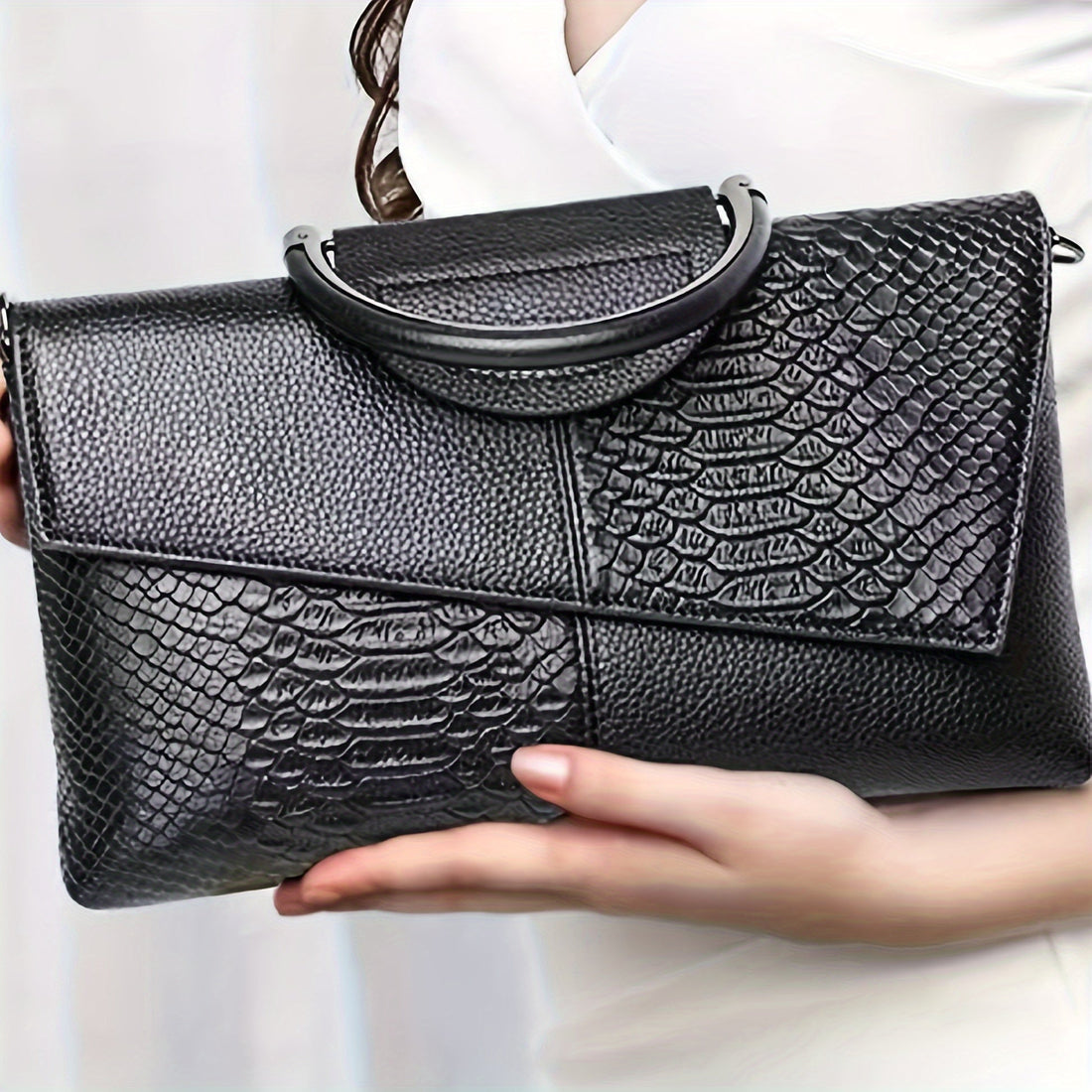 Women's Black Crossbody Bag - Crocodile Flap & Top Handle
