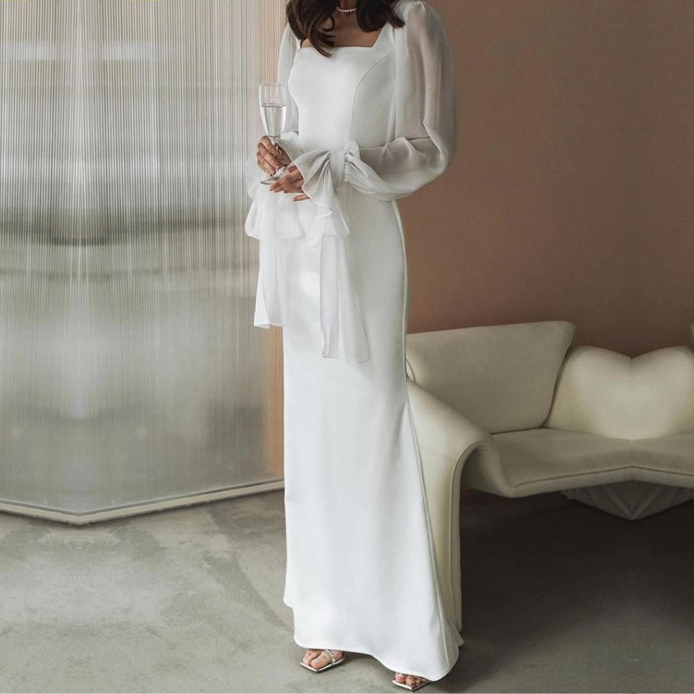 Women's Maxi Wedding Dress - Square Neck with Bishop Sleeves