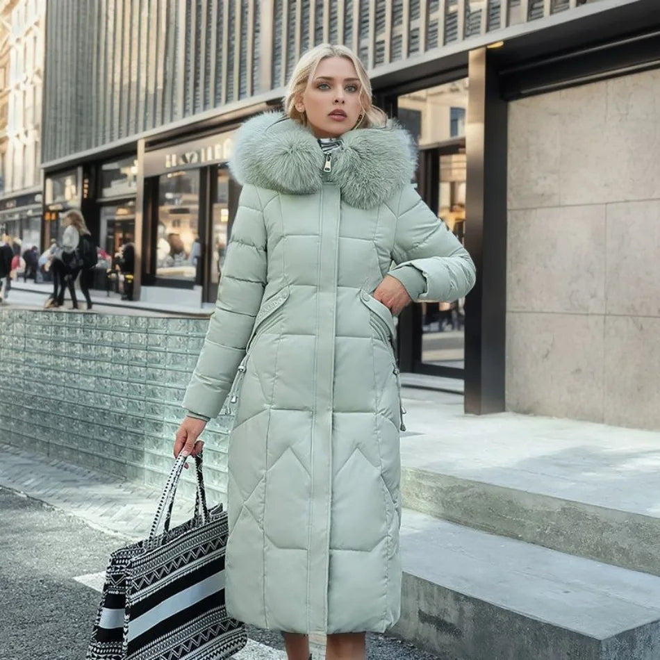 Women's Long Winter Parka - Fluffy Trim Hooded Design