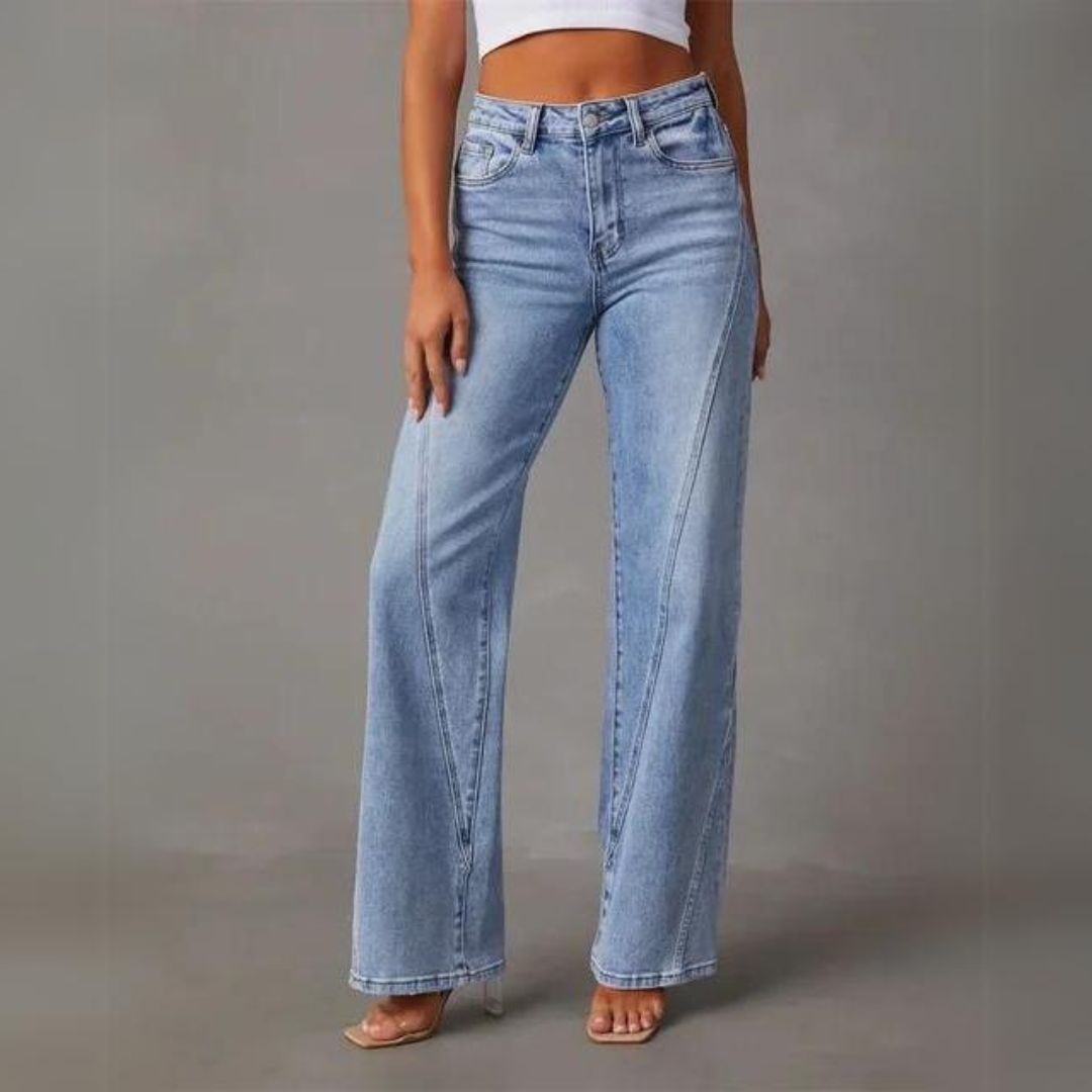 Women's Blue Flared Wide Leg Jeans - High-Rise & Front Seam Detail