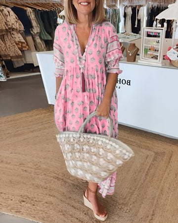 Women's V-Neck Boho Floral Maxi Dress - Flowy Summer Beach Style