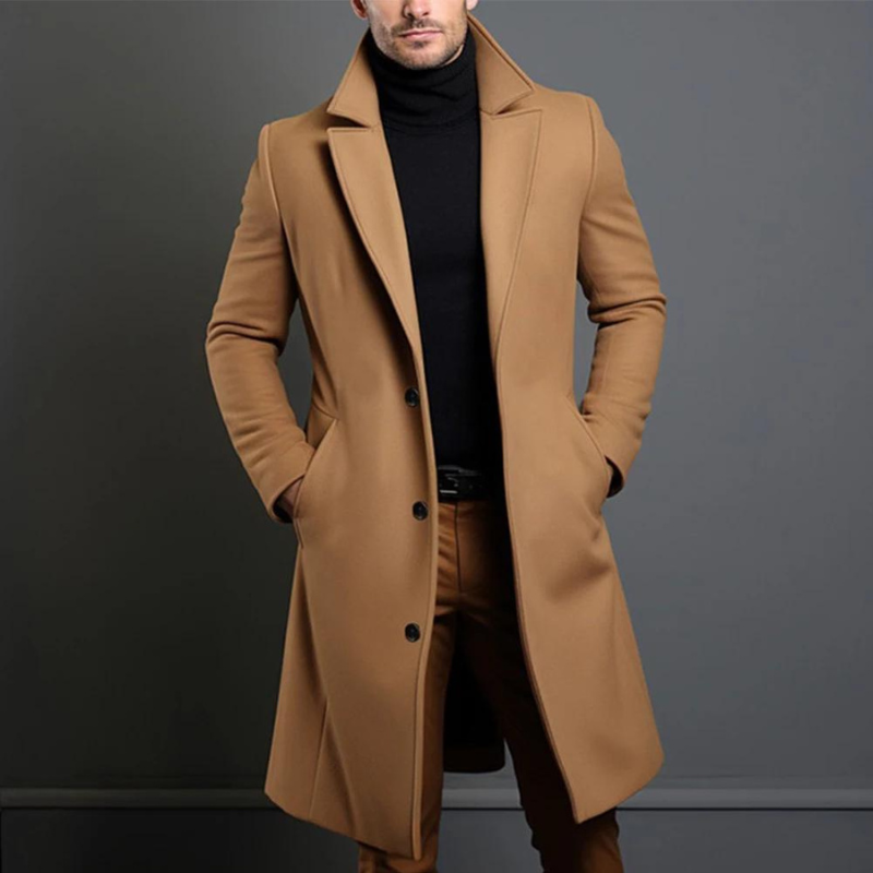 Men's Coat - Single-Breasted Long Overcoat