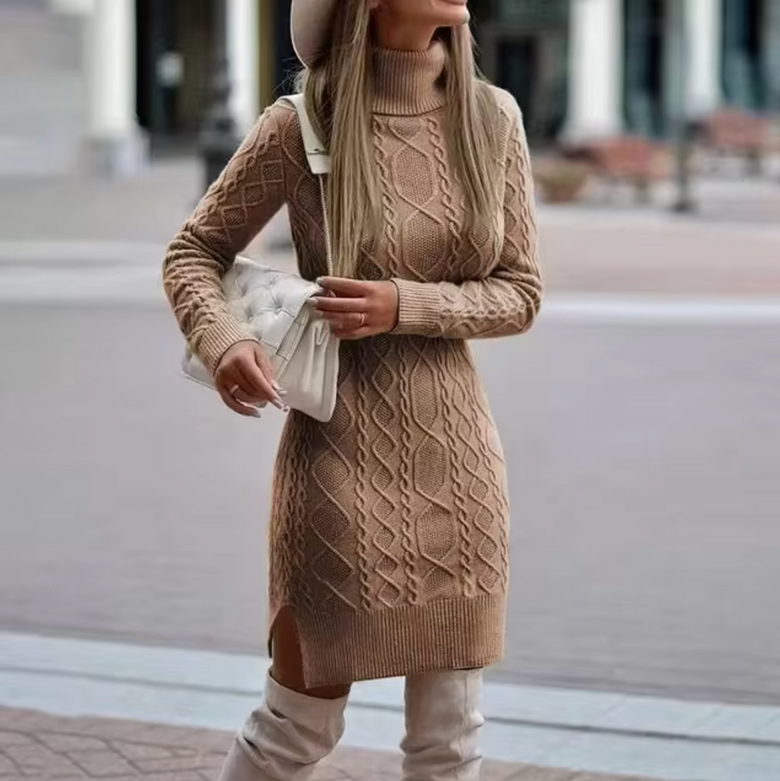 Women's Knitted Jumper Dress - Roll neck with Cable Knit Pattern