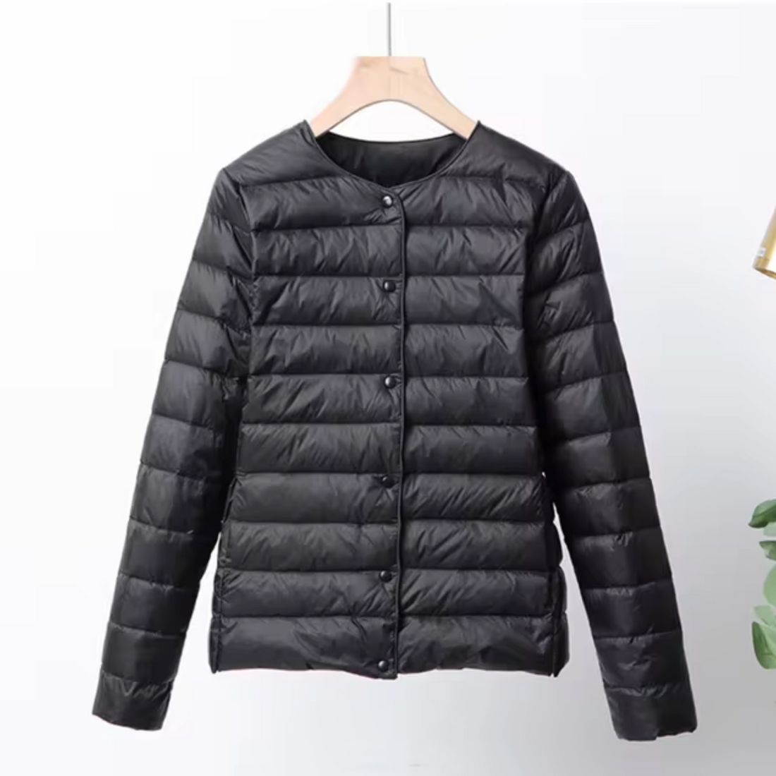 Women's Lightweight Puffer Jacket - Collarless and Water-Resistant