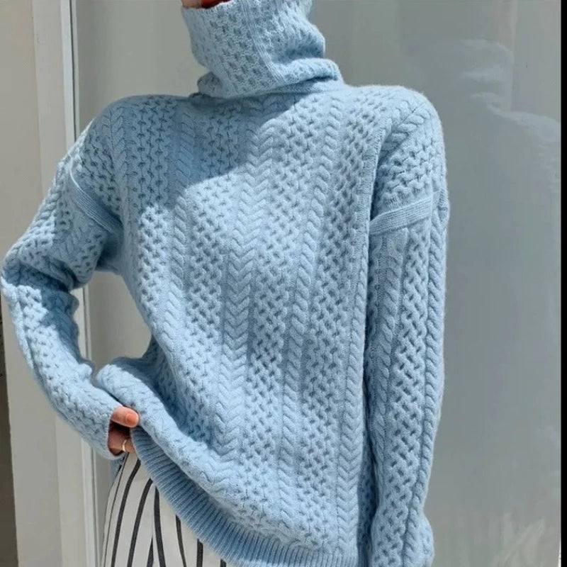 Women's Winter Jumper - Roll Neck and Cable Knit Pattern