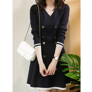 Cruella - A-Line Knit Dress with Double-Breasted Buttons for Women