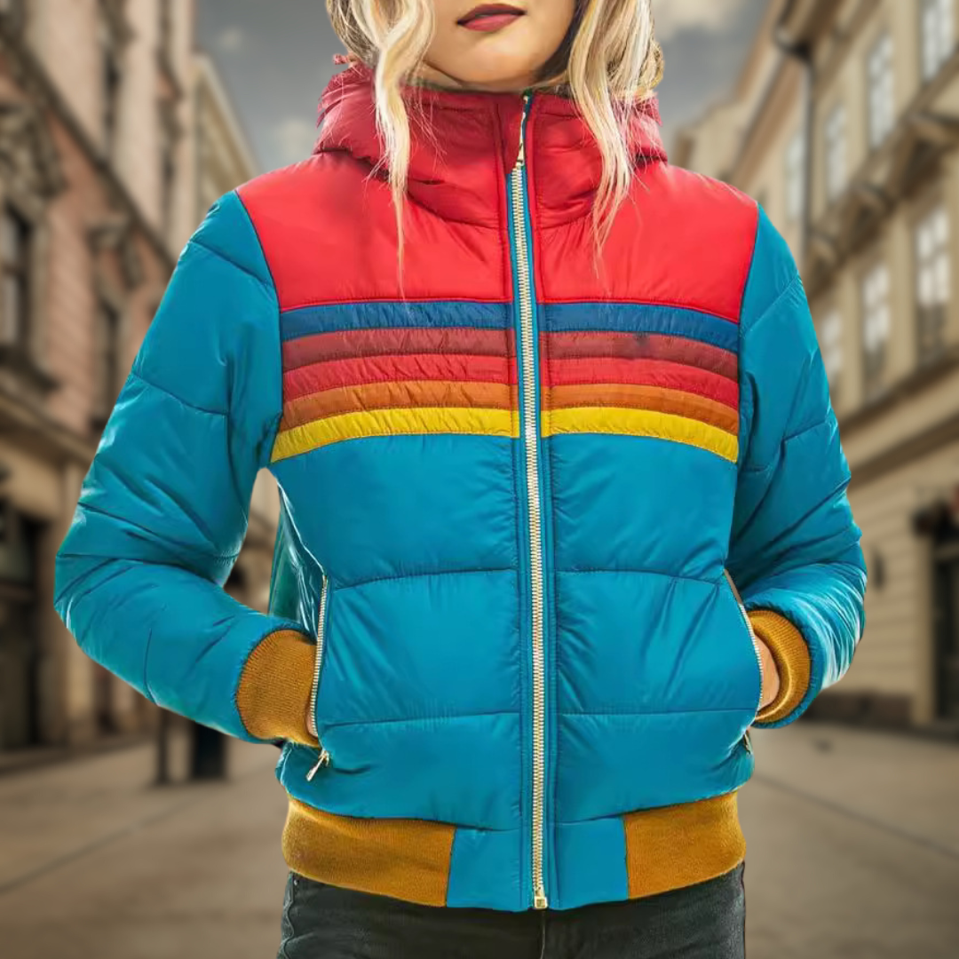 Women's Puffer Jacket - Zip Up with Striped Chest Detail