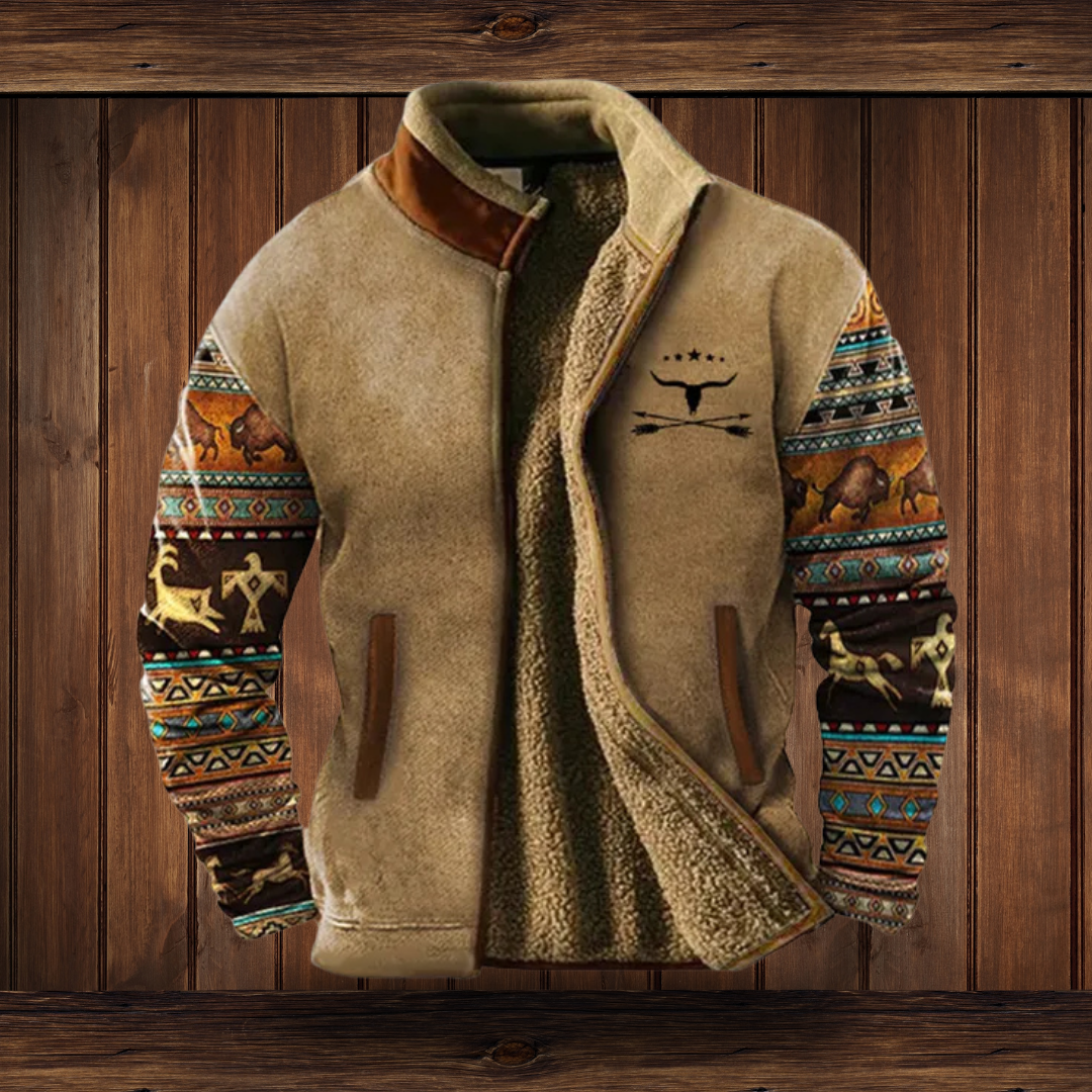 Men's Brown Jacket - Tribal Print Sleeves with Stand Collar