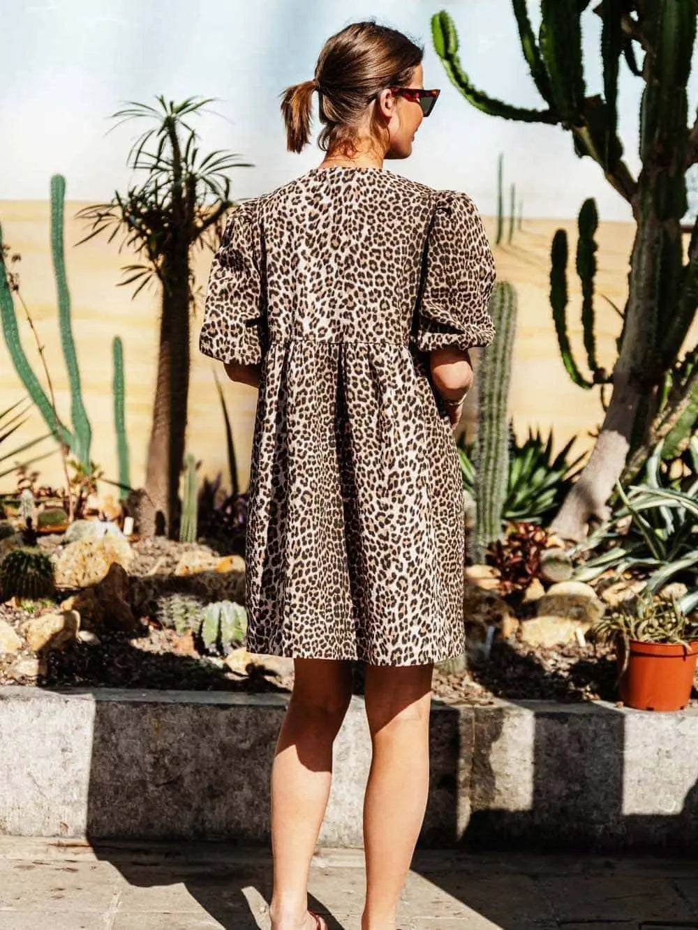 Women's Brown Leopard Print Short Puff Sleeve Dress - Versatile Comfort