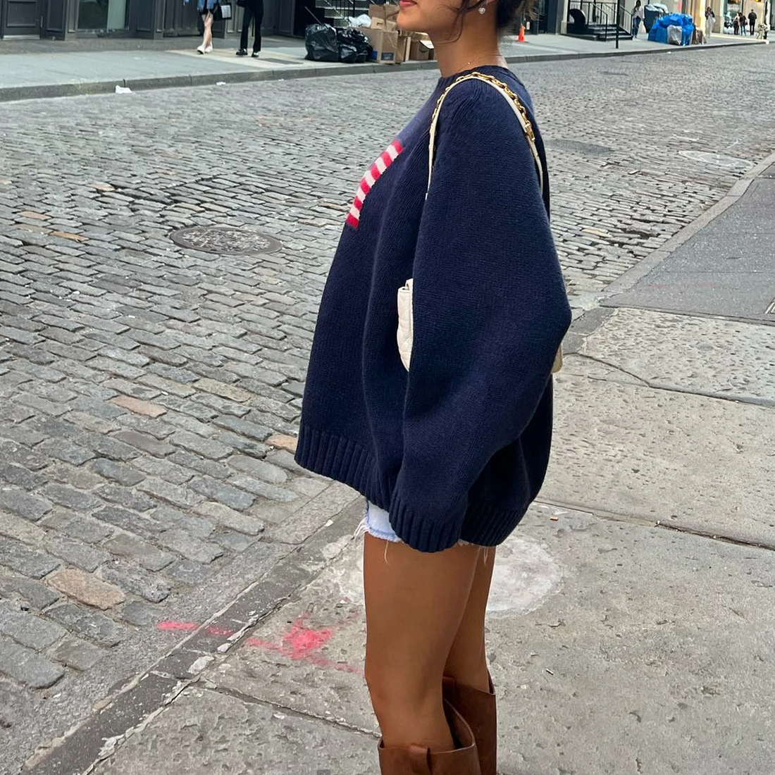 Women's Blue Jumper - American Flag Graphic with Oversized Fit