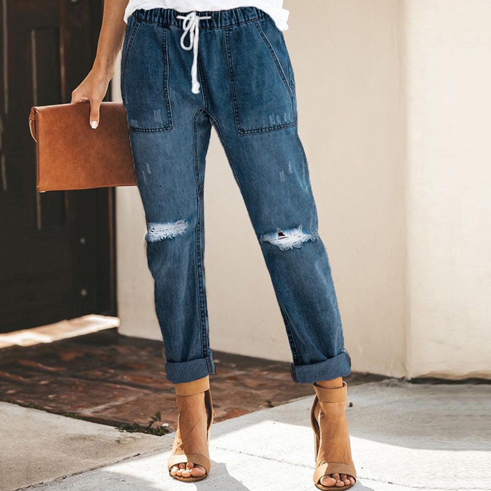 Women's Straight-Leg Jeans - Drawstring Waist & Patch Pockets