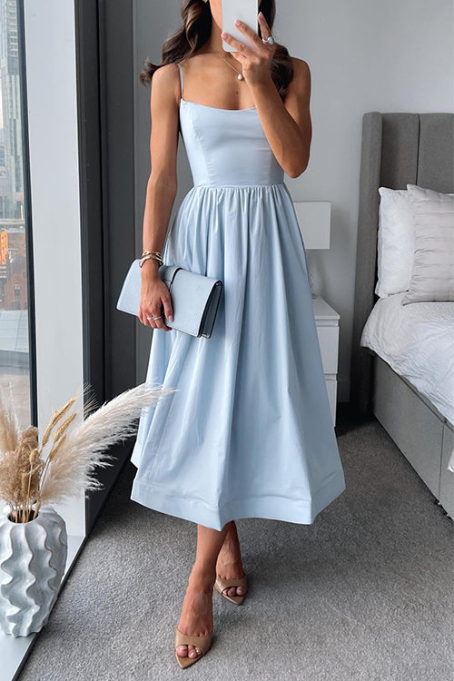 Elegant Fit & Flare Midi Dress - Wedding Guest Dress with Square Neck & Spaghetti Straps