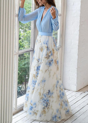 Floral Print Blue Maxi Dress for Women