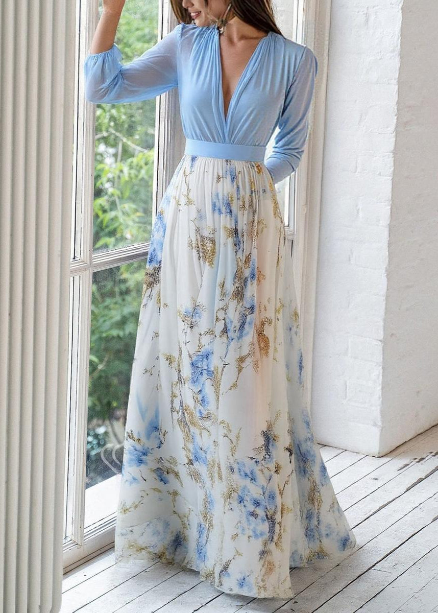Floral Print Blue Maxi Dress for Women
