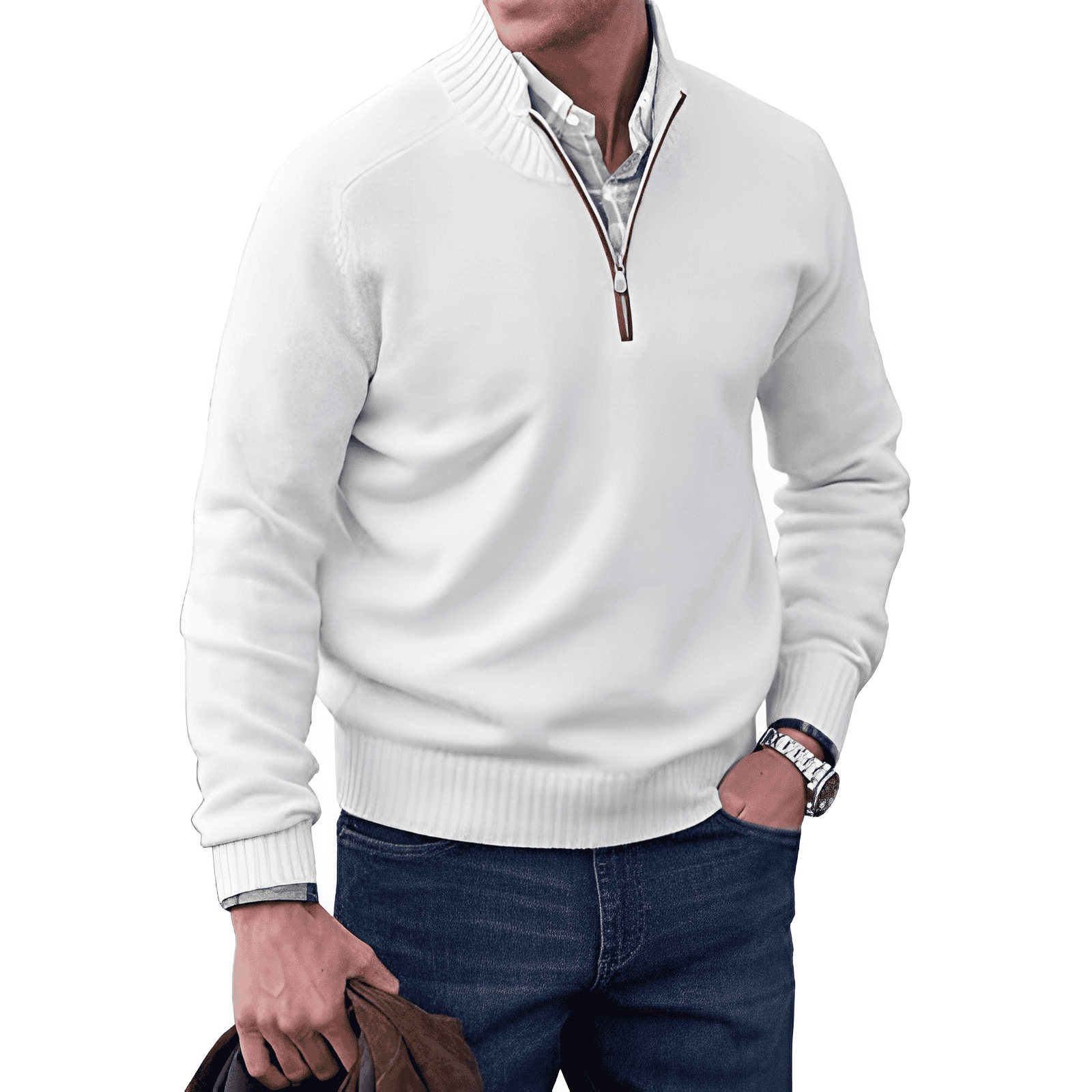 Men's Jumper - Quarter-Zip with Ribbed Cuffs