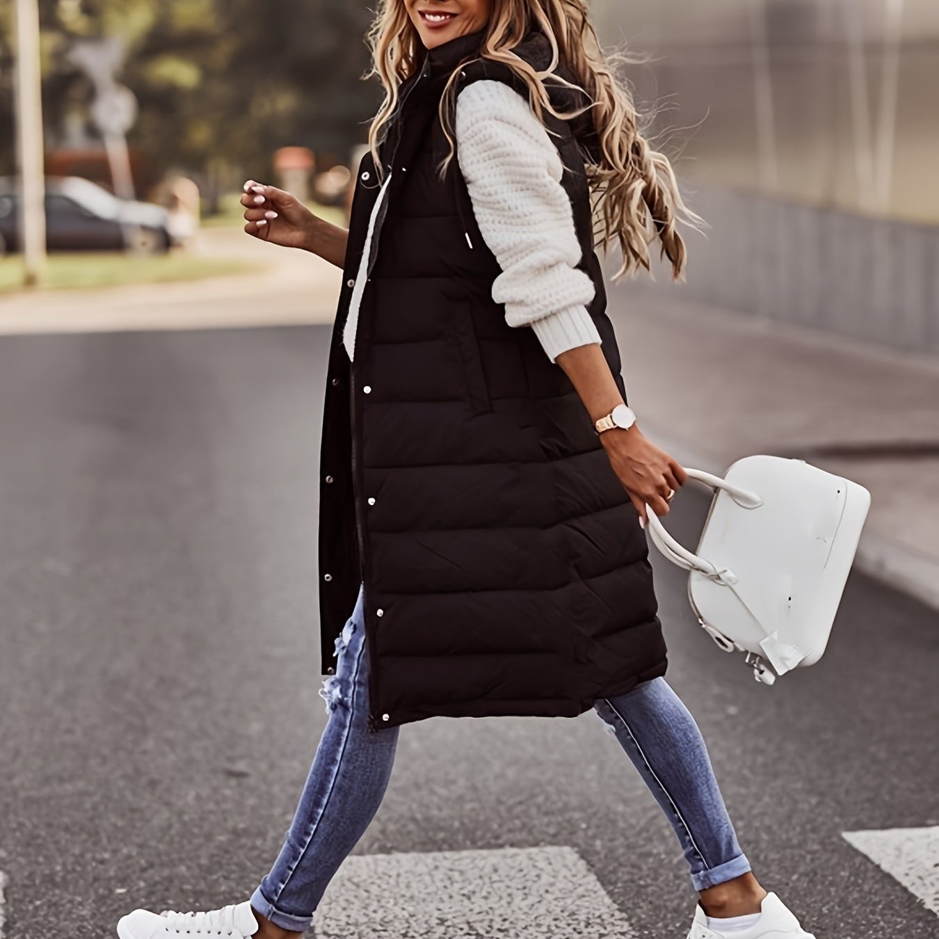 Women's Long Padded Vest - Hooded & Sleeveless