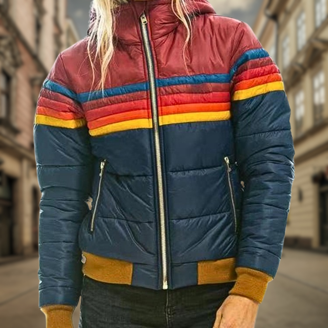 Women's Puffer Jacket - Zip Up with Striped Chest Detail