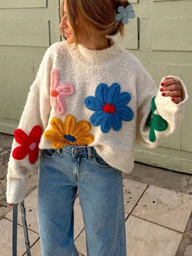 Women's White Oversized Jumper - Chunky Knit with 3D Floral Appliqués