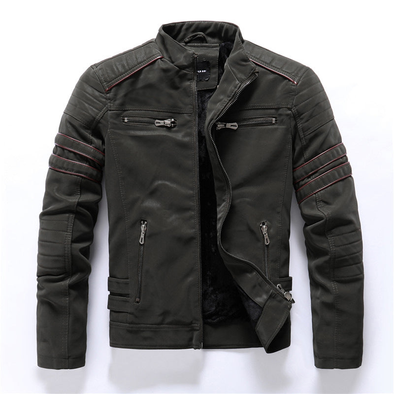 Men's Biker Jacket - Stand Collar with Red Stripe Detail