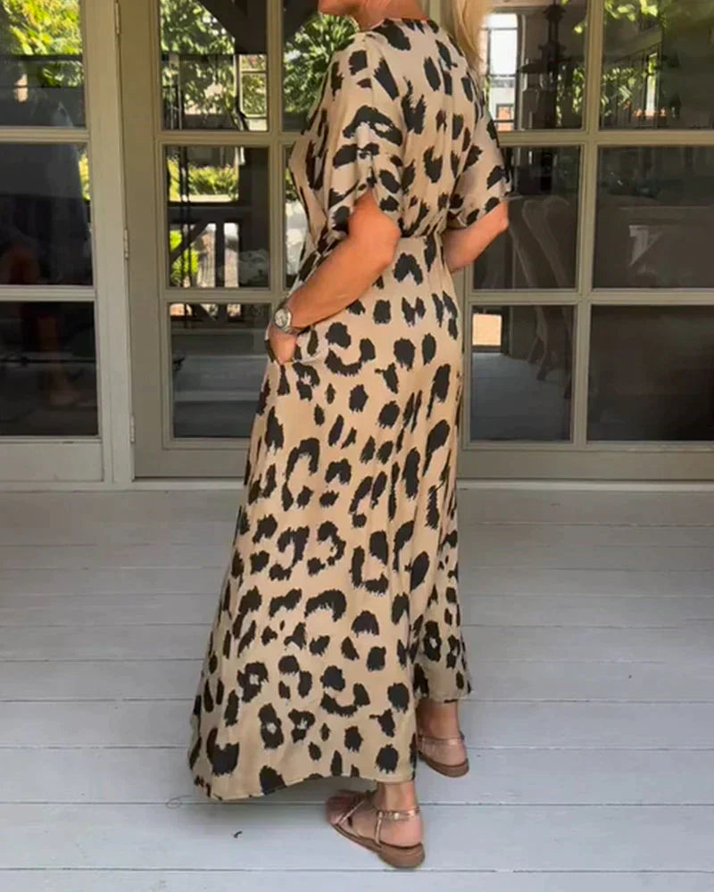 Women's Stylish Leopard Print Dress - Button Front V-Neck