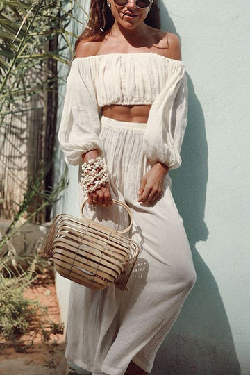 Elegant Off-Shoulder Crop Top and Trousers Set for Women | Mia
