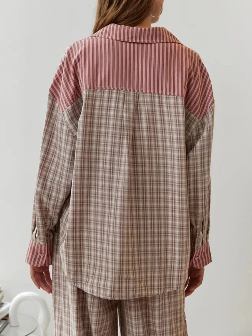 Women's Two-Piece Pyjama Set - Striped with Checked Trim