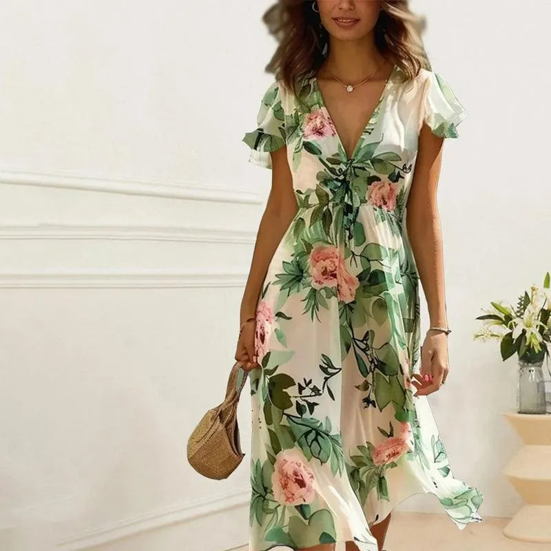 Elegant Green Floral Midi Dress for Women